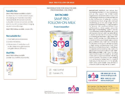 SMA PRO Follow-on Milk data card