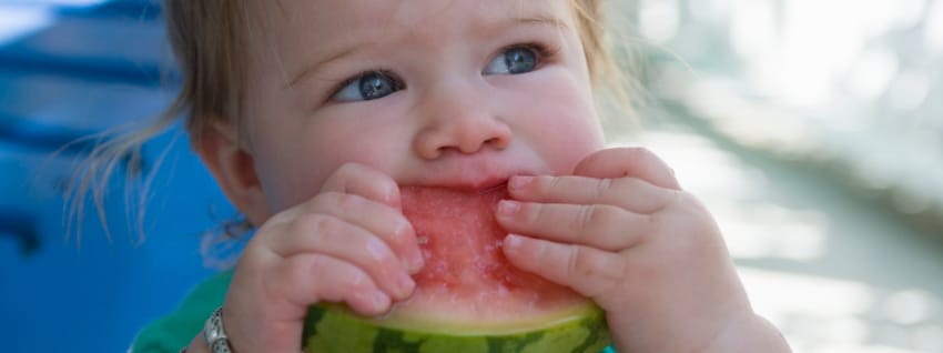 Baby eating a watermelon