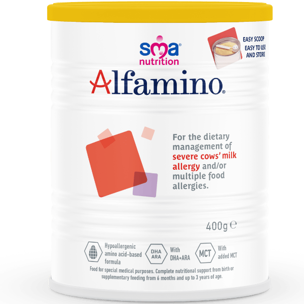 White tin of SMA Alfamino Formula Powder with a yellow lid, on a transparent background 