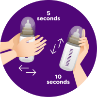 Illustration of shaking a baby bottle forwards and backwards 5 seconds then up and down 10 seconds