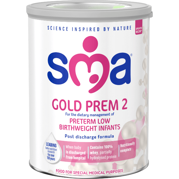 Tin of SMA Gold prem 2 Formula Powder, with a grey lid on a transparent background