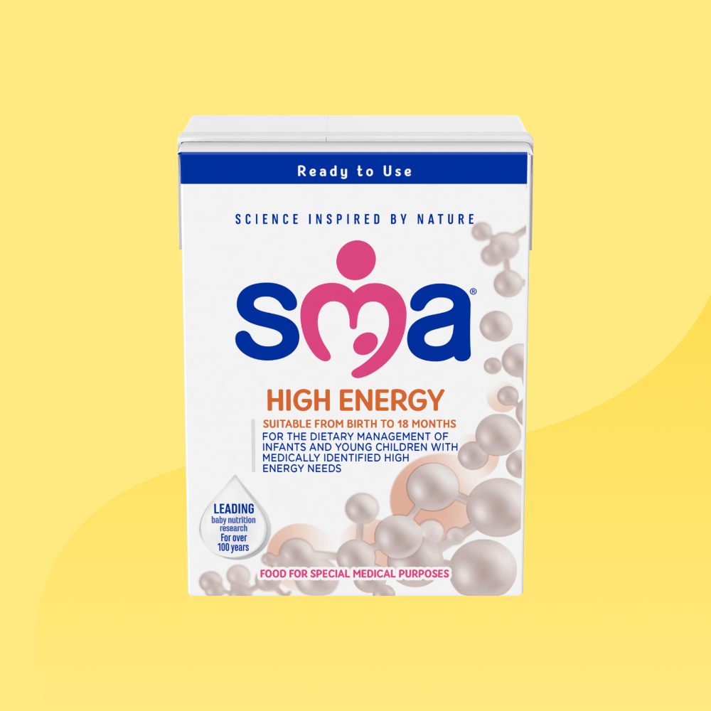 Carton of SMA High Energy Ready to drink Formula 200ml in front of a yellow background 