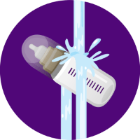 Illustration of a baby bottle tilted under running water in front of a purple circular background 