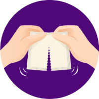 An illustration of a white sachet being torn open by two hands, on a purple background