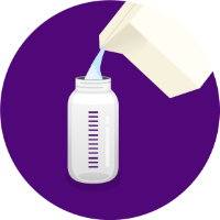 An illustration of milk being poured into a baby's bottle, on a purple background.