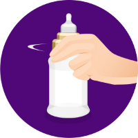 An illustration of a hand screwing a teat on to a baby bottle, on a purple background.
