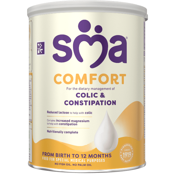 Tin of SMA Comfort Formula Powder with a grey lid on a transparent background
