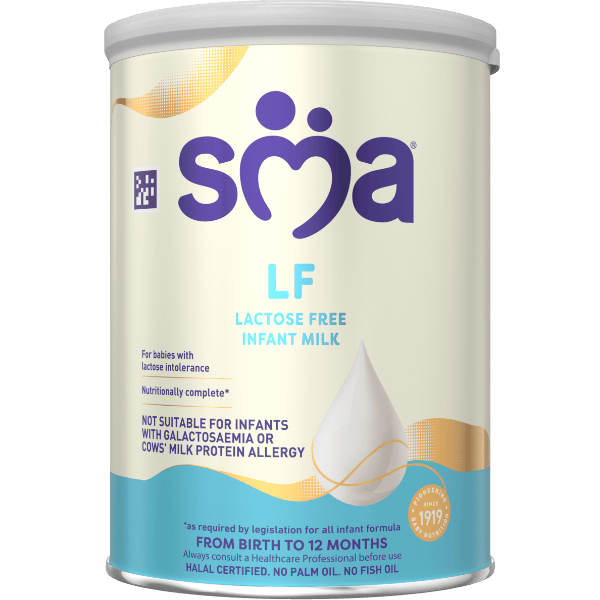 Tin of SMA LF Lactose Free Infant Milk Powder with a grey lid on a transparent background 