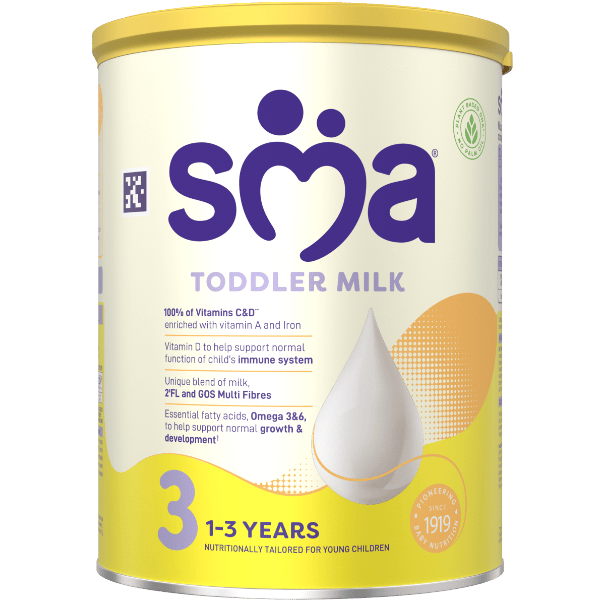 SMA Toddler Milk Powder for children 1 to 3 years, with a yellow lid on a transparent background