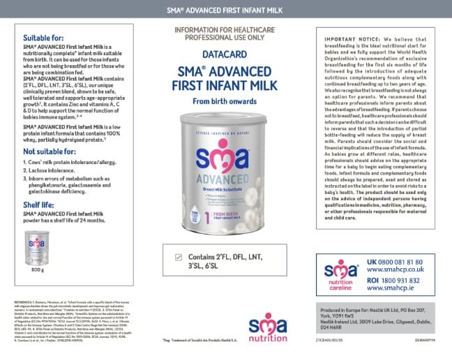 SMA ADVANCED First Infant Milk Powder Data Card