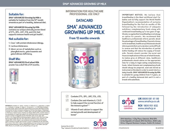 SMA ADVANCED Toddler Milk Powder Data Card