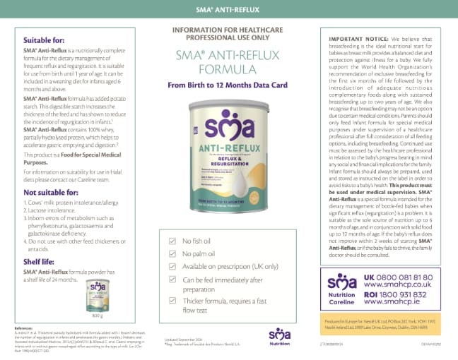 SMA Anti-Reflux Formula Powder Data Card