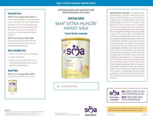 SMA Extra Hungry Infant Milk Data Card