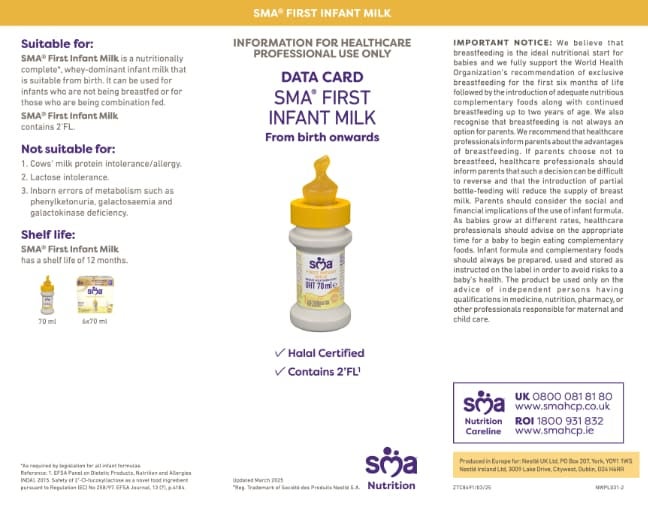 SMA First Infant Milk 70 ml Hospital Bottle and Starter Pack data card