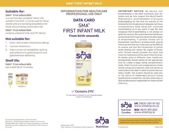 SMA First Infant Milk 200 ml and 1 litre data card
