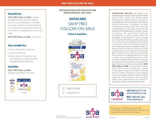 SMA Follow-on Milk Liquid Data Card