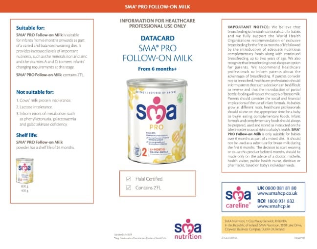 SMA Follow-on Milk Powder Data Card