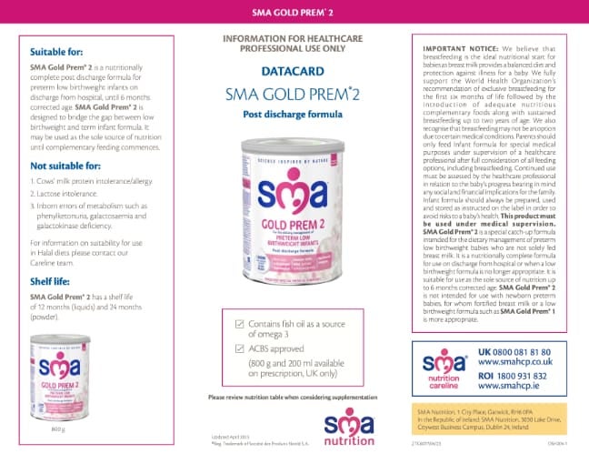 SMA Gold Prem 2 Powder Data Card