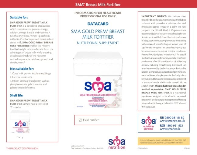 SMA Gold Prem 2 Breast Milk Fortifier Data Card
