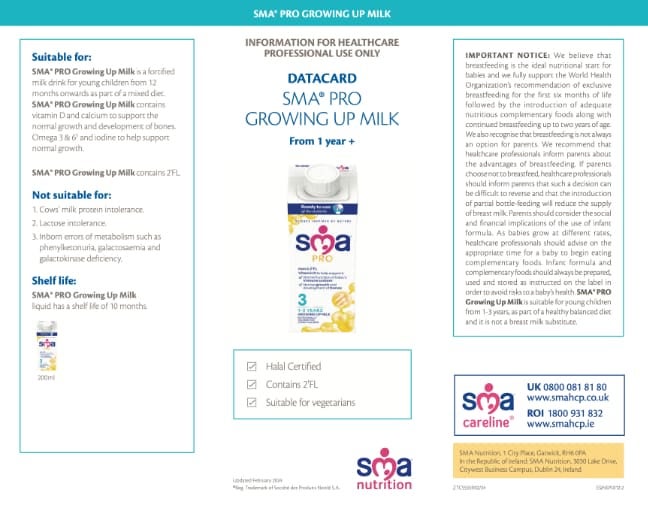 SMA Toddler Milk Liquid Data Card