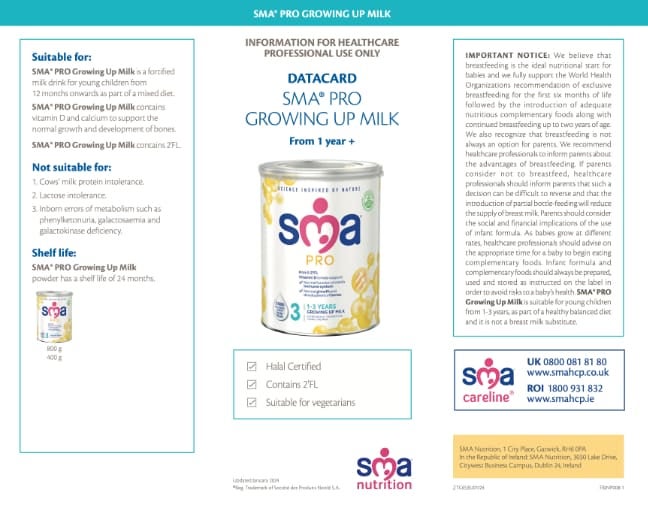 SMA Toddler Milk Powder Data Card