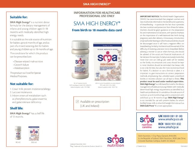 SMA High Energy Formula Liquid Data Card