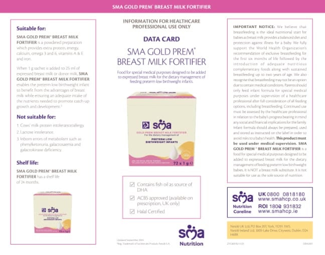 SMA Gold Prem Breast Milk Fortifier Data Card