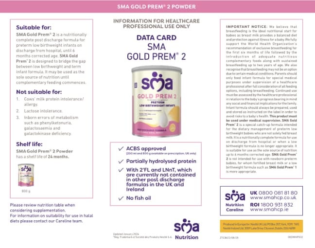 SMA Gold Prem 2 Powder Data Card
