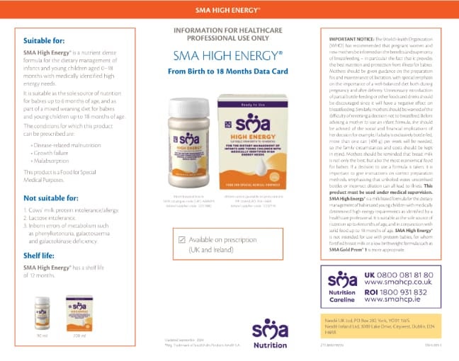 SMA High Energy Formula Liquid Data Card