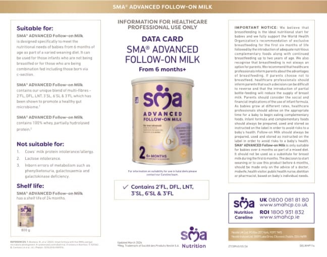 SMA ADVANCED Follow-on Milk Powder Data Card