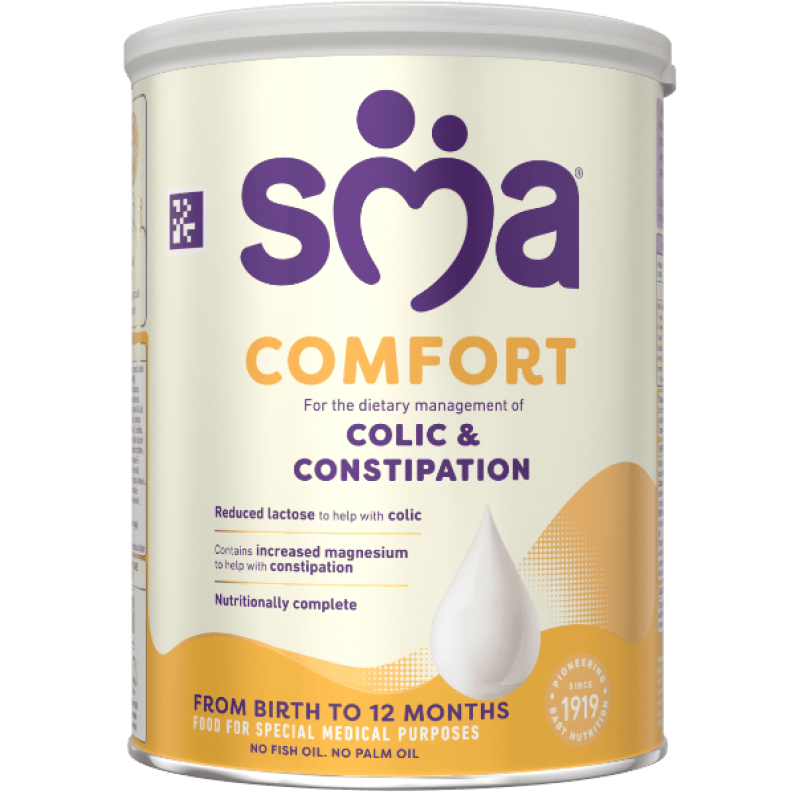 Tin of SMA Comfort Formula Powder with a grey lid on a transparent background